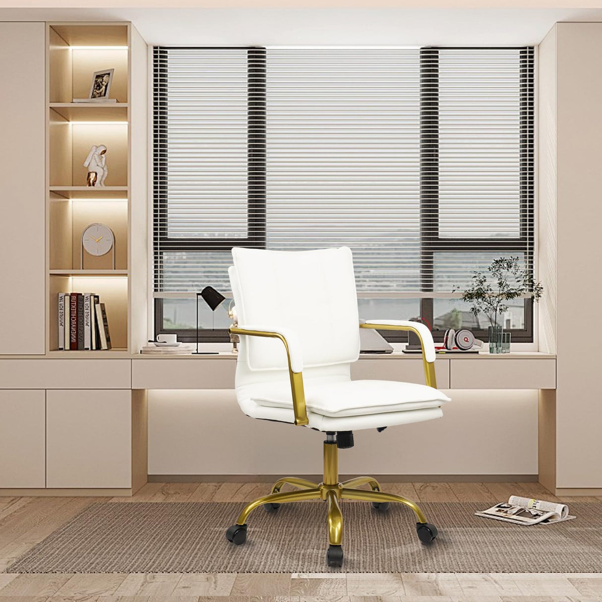 Leather Mid-Back Office Chair with Golden Accents - White
