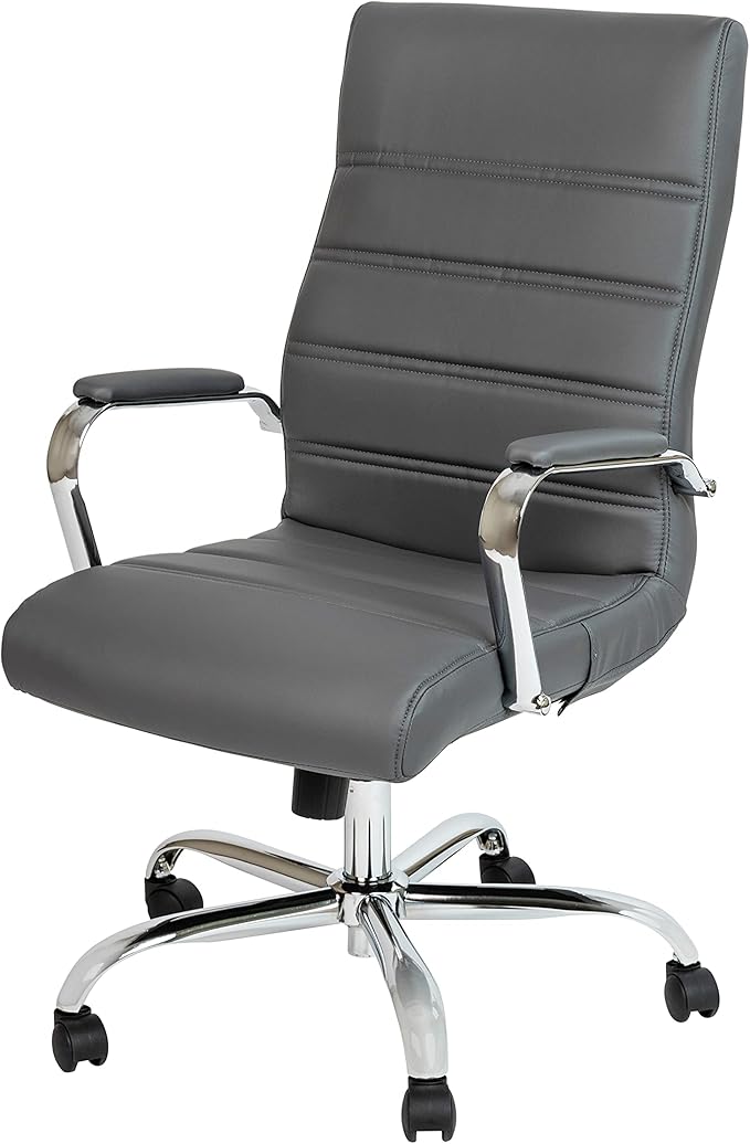 -Back Swivel LeatherSoft Desk Chair with Padded Seat and Armrests, Adjustable Height Padded Office Chair, White/Chrome