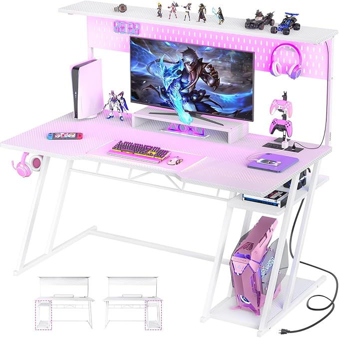 Gaming Computer Desk with Shelves and Outlets, Gaming Desk with Hutch and LED Lights