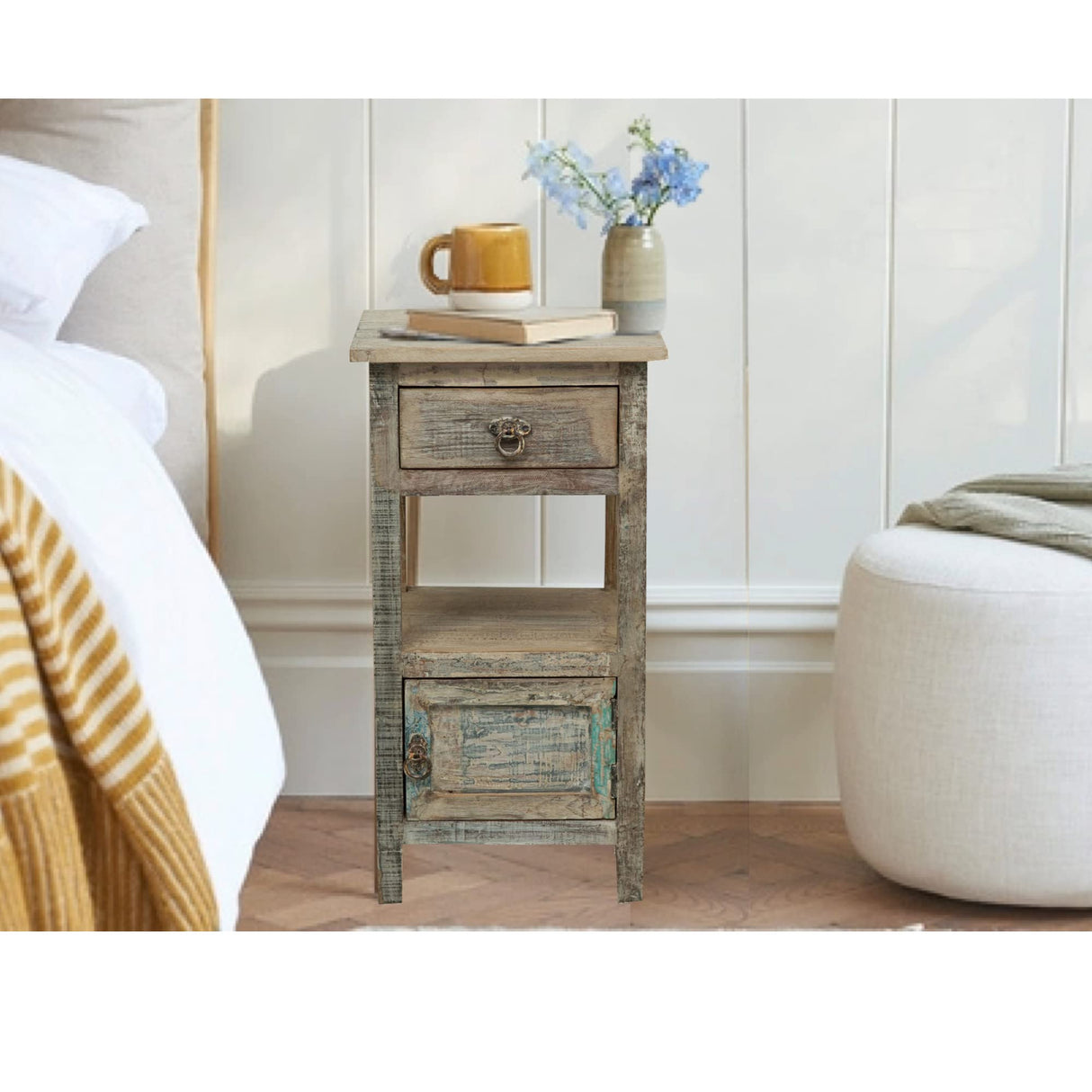 Recycled Solid Wood Made, Antiqued Finish W40xDP25xH50 cm Sized Bedside Table