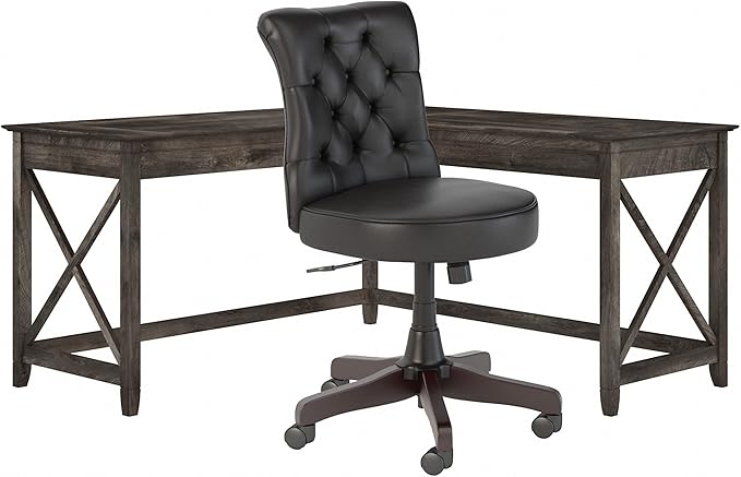 Key West 60W L Shaped Desk with Mid Back Tufted Office Chair in Washed Gray
