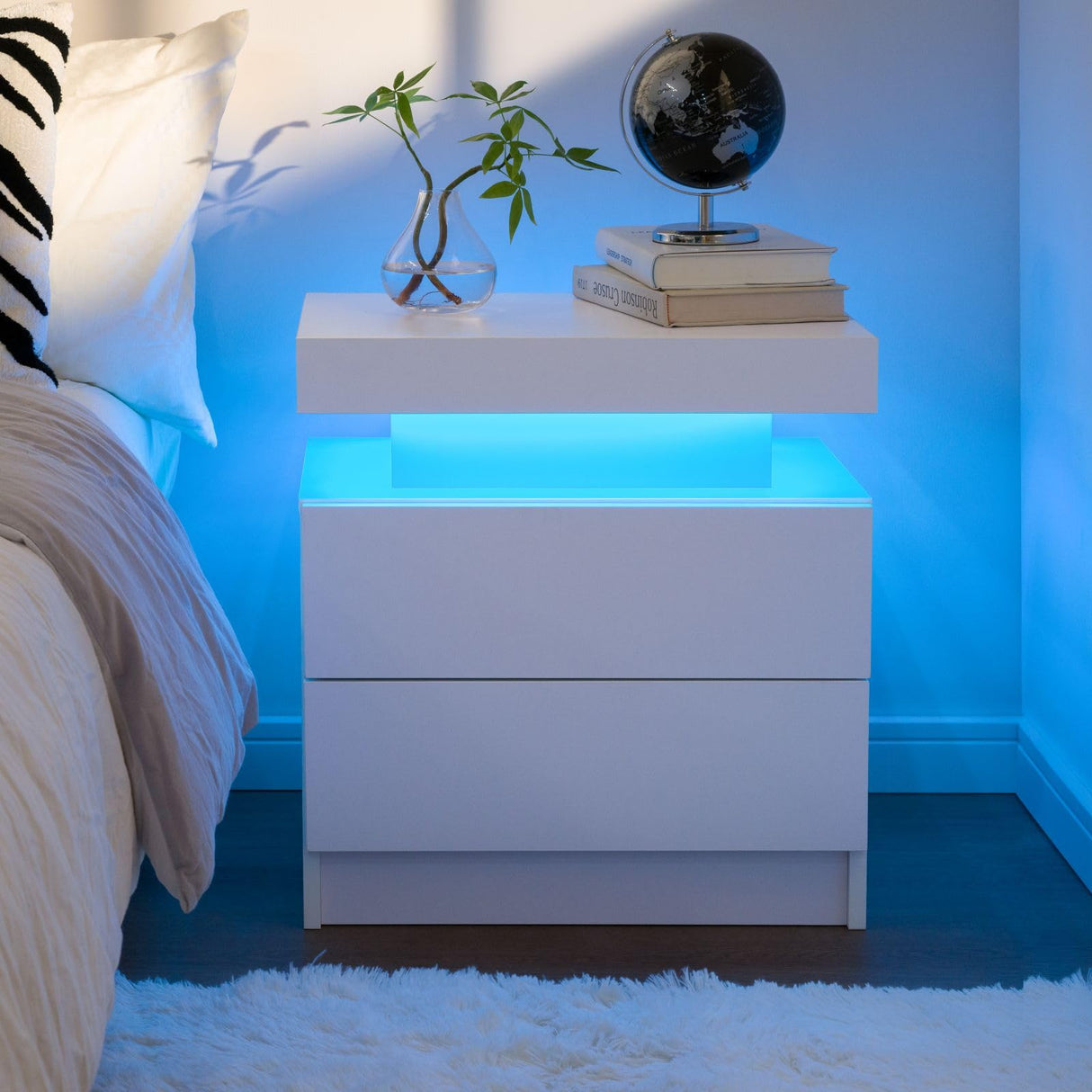 White Nightstand LED Bedside Table for Bedroom Modern Night Stand with 2 Wood Drawers