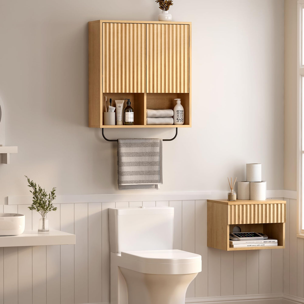 Fluted Wall Cabinets with Doors and Shelves Set of 2, Modern Medicine Cabinet Bathroom