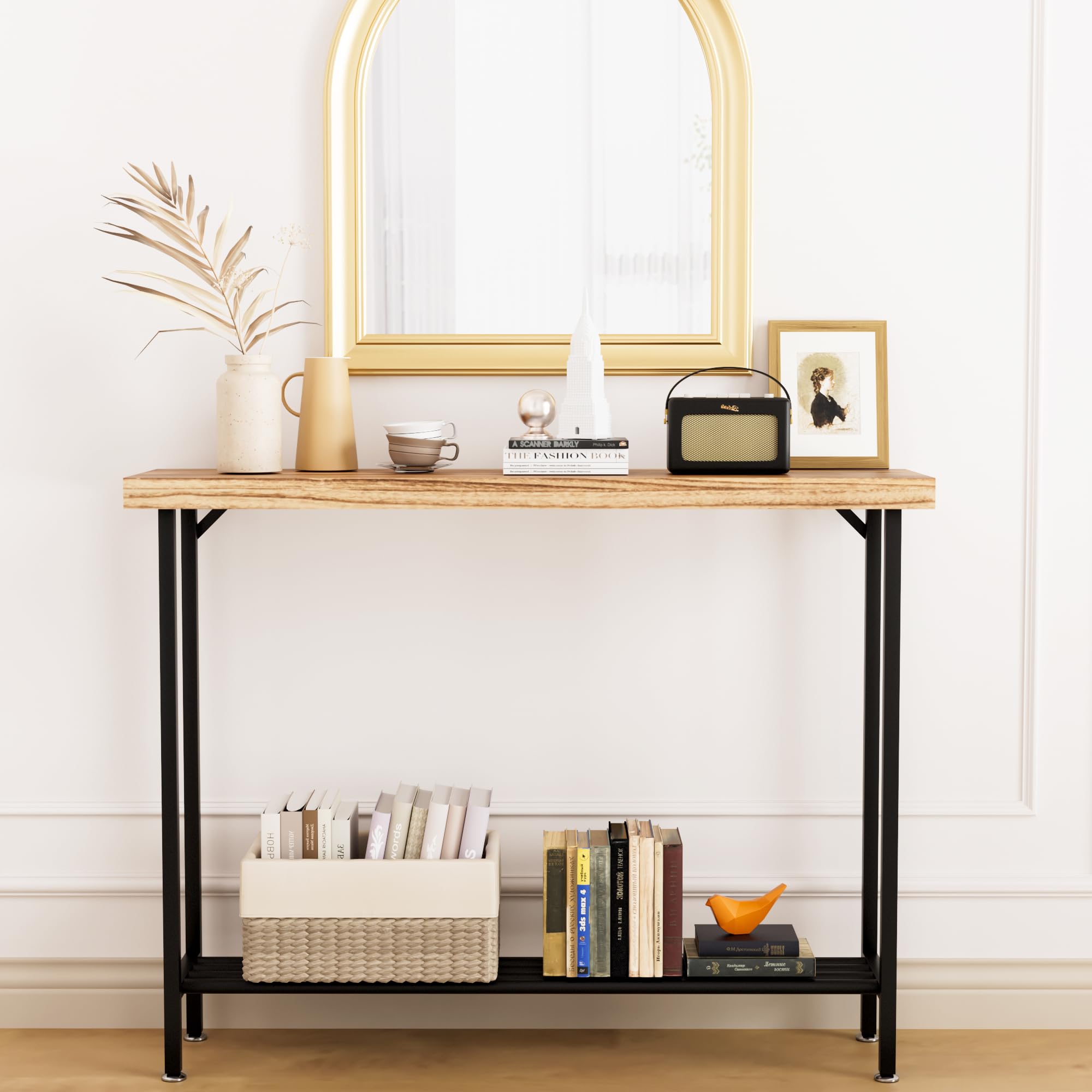 Industrial Solid Wood Console Table, 2 Tier Entryway Table with Storage Shelves