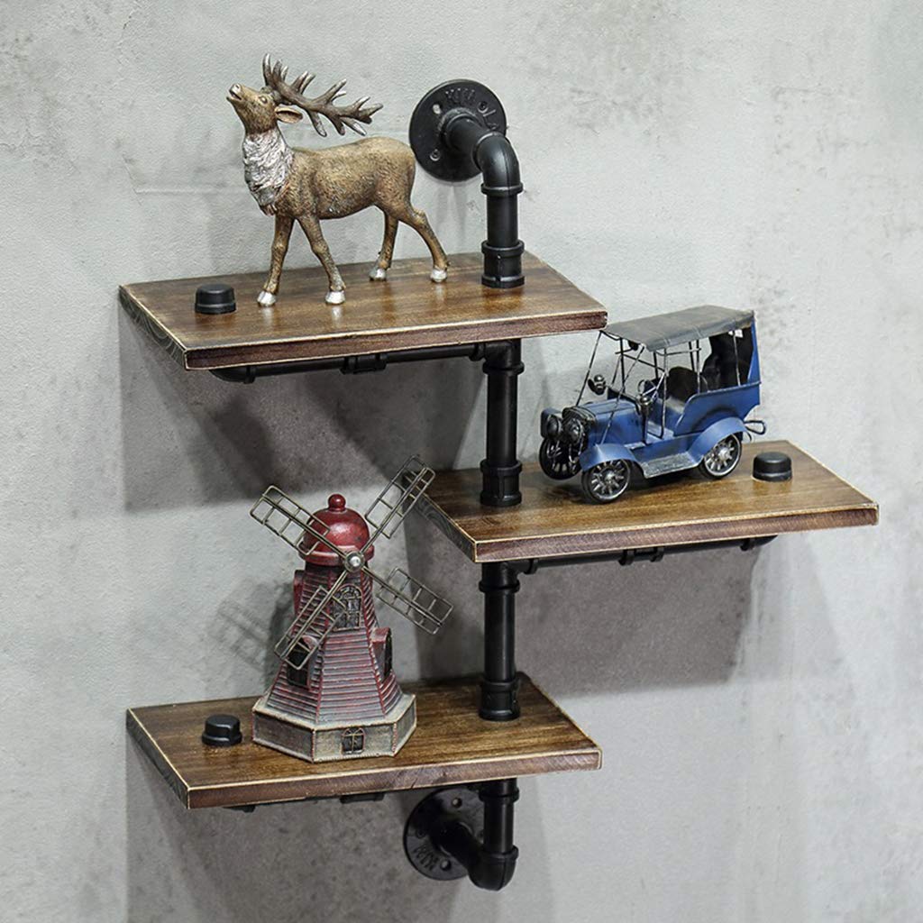 Retro Shelves Industrial Style Wrought Iron Water Pipe Display Stand Solid Wood Bulkhead