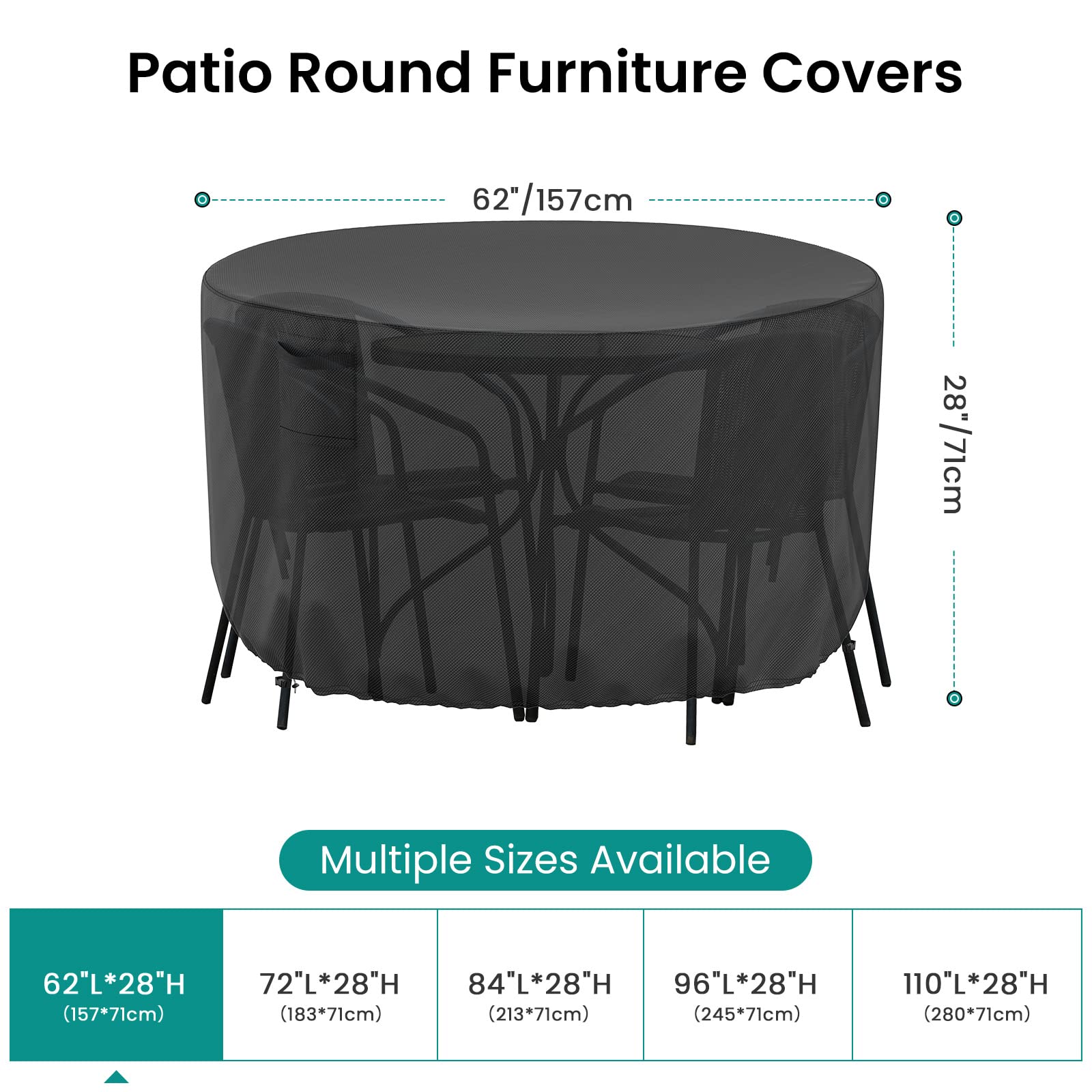 Round Outdoor Table Cover, 600D Heavy-Duty Waterproof Patio Furniture Covers