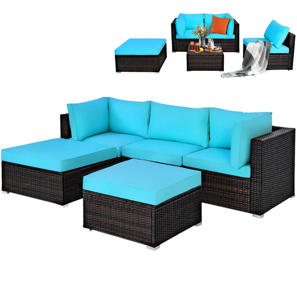 5-Piece Outdoor Patio Rattan Sectional Sofa Set with Ottoman and Table - Turquoise