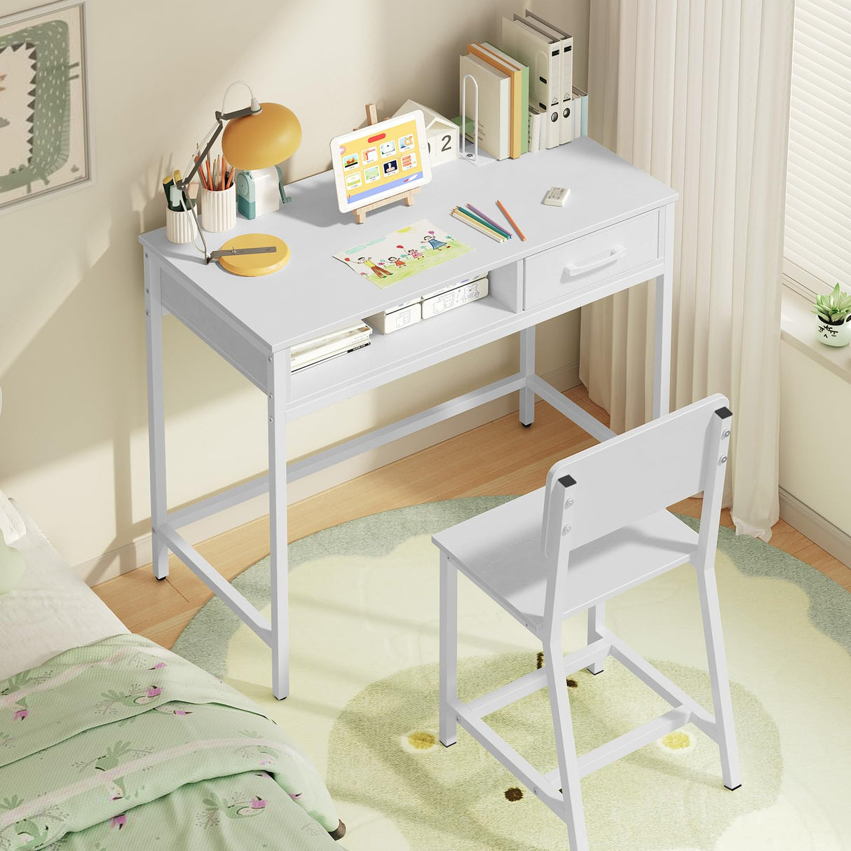 Student Writing Desk, Kids Study Desk with Book Sorter and Fabric Drawer, Kids Wooden