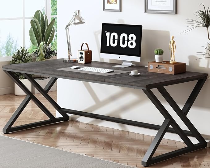 White 70.8" Computer Desk, Modern Large Long Wood Metal Office Desk
