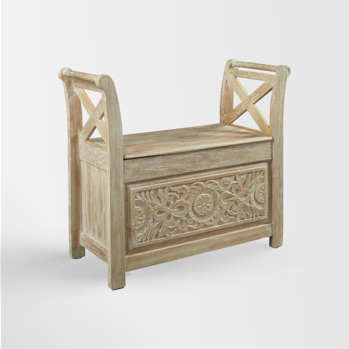 Fossil Ridge Boho Storage Accent Bench, Vintage White