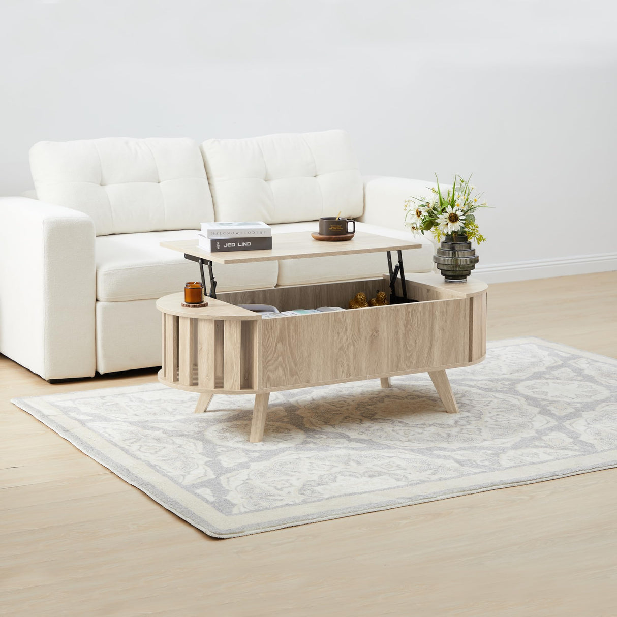 47.3" Lift Top Coffee Table with Hidden Storage, Small End Table with Curved Edge Design