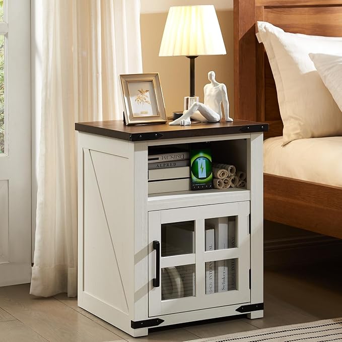 Farmhouse Nightstand with Charging Station, Rustic End Table with Tempered Glass Barn