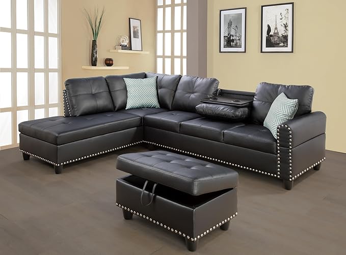 Leather Upholstered Sectional Sofa with Right Chaise