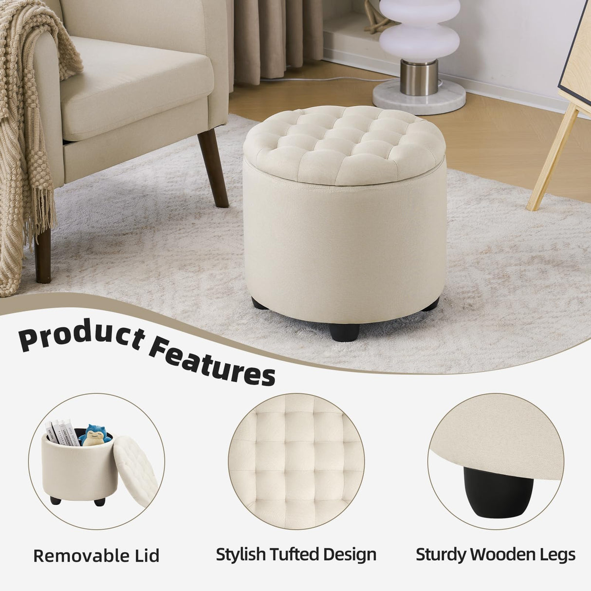 Modern Round Storage Ottoman,Button Tufted Ottoman Foot Stools Ottoman Footstool