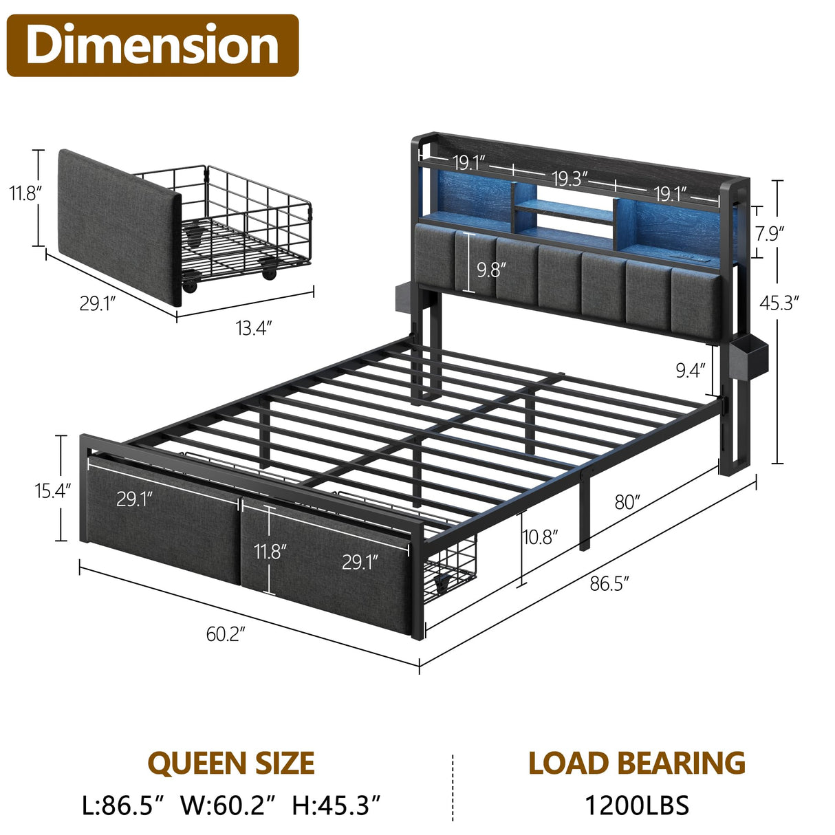 Queen Bed Frame with Storage Drawers and LED Headboard