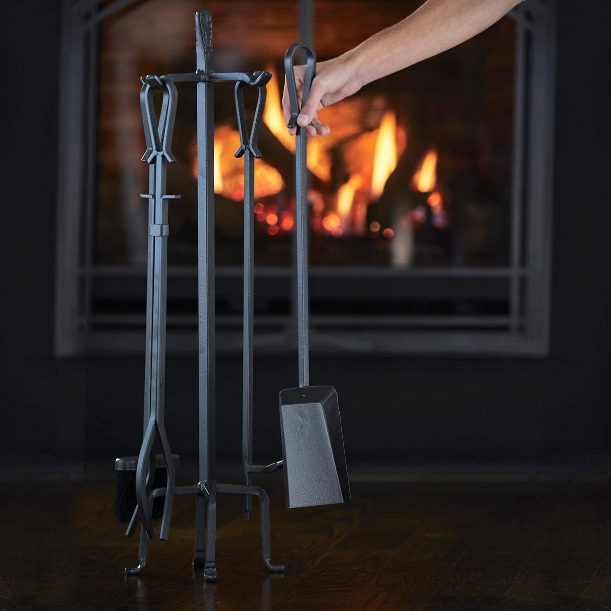 F-1183, 5-Piece Olde World Iron Finish Fireplace Tools Set with Loop Handles