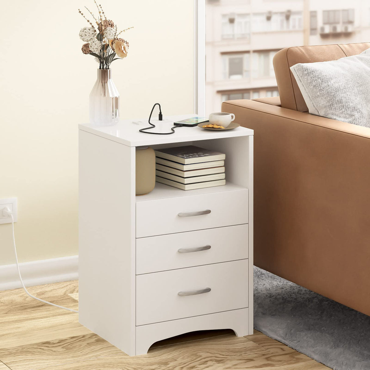 White Nightstand with Charging Station, Modern End Side Table with 3 Drawers, Wooden