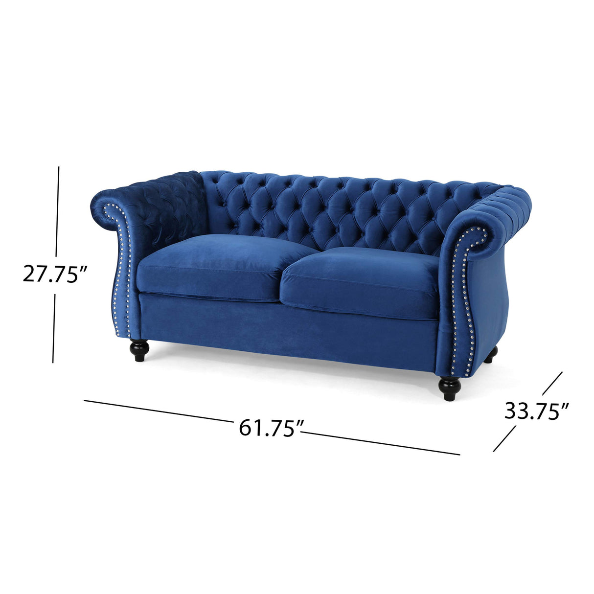 Karen Traditional Chesterfield Loveseat Sofa, Navy Blue and Dark Brown, 61.75 x 33.75 x 27.75