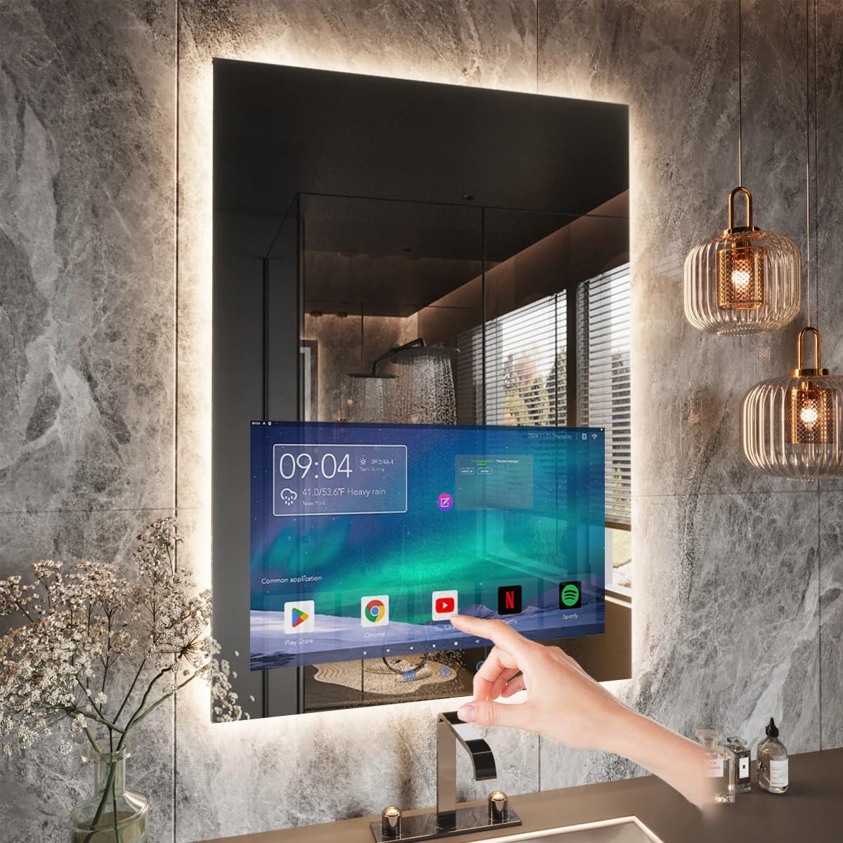 24x32 Inch Smart Bathroom Vanity Mirror with Touch Screen & LED Lighting