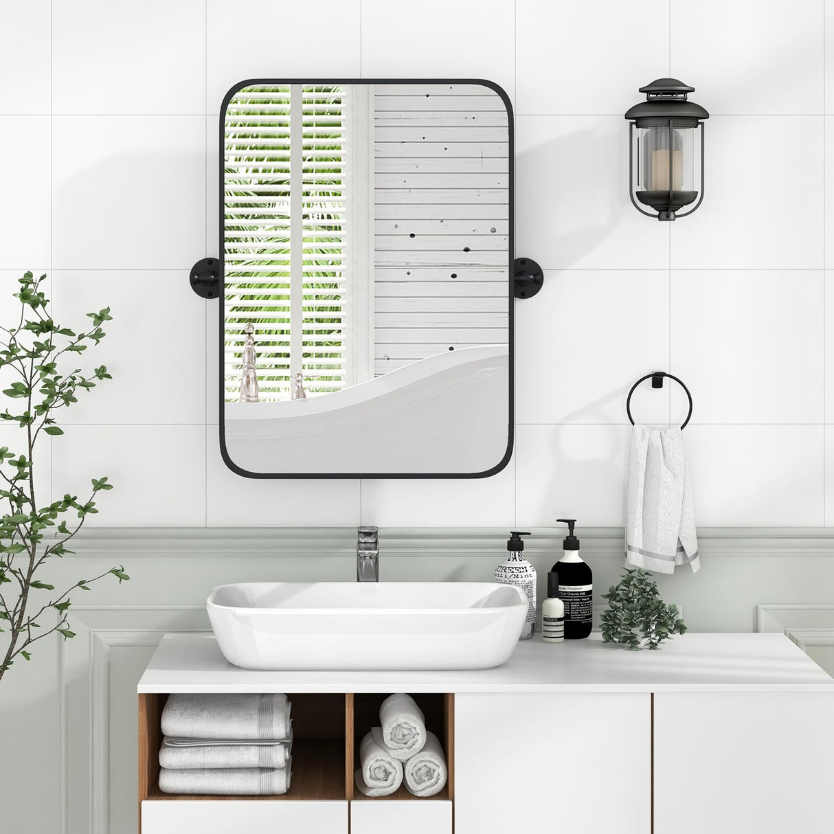 30x22 Pivot Tilting Bathroom Mirror - Black Framed Wall Mounted