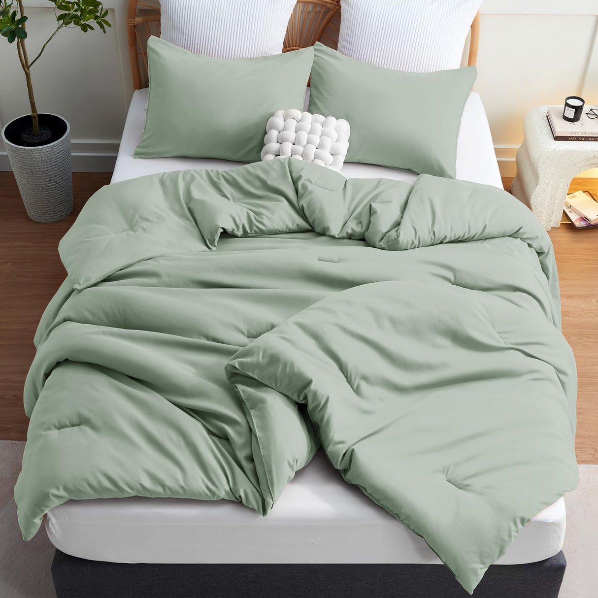 Sage Green Comforter Set Queen Size, 3 Pieces Solid Breathable Quilted Style Bedding