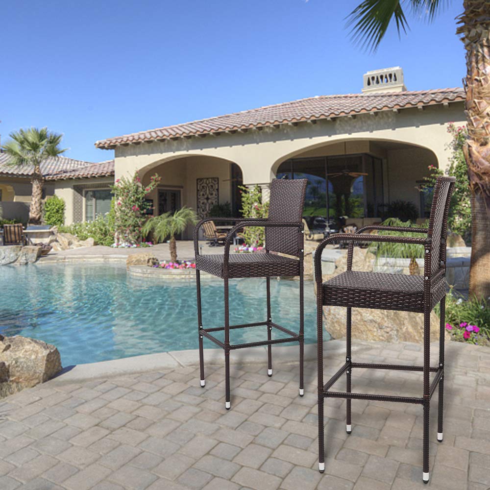 Outdoor Wicker Bar Stools Set of 2 with Cushions