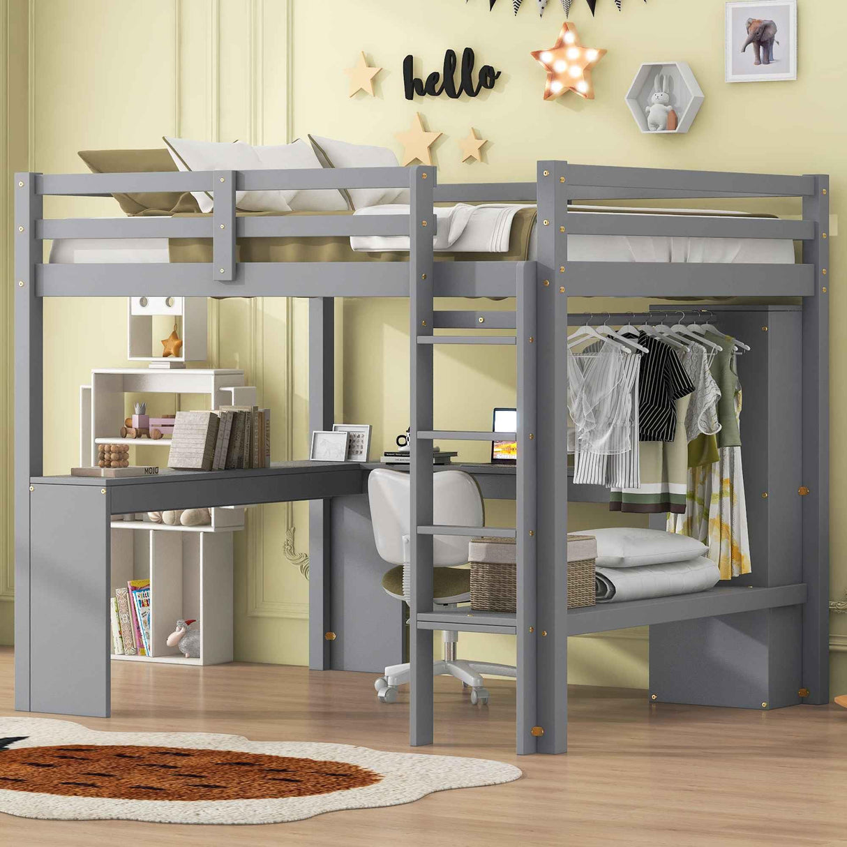 Full Size Loft Bed with Storage Shelves and Hanging Rod, Wooden Highloft Bedframe