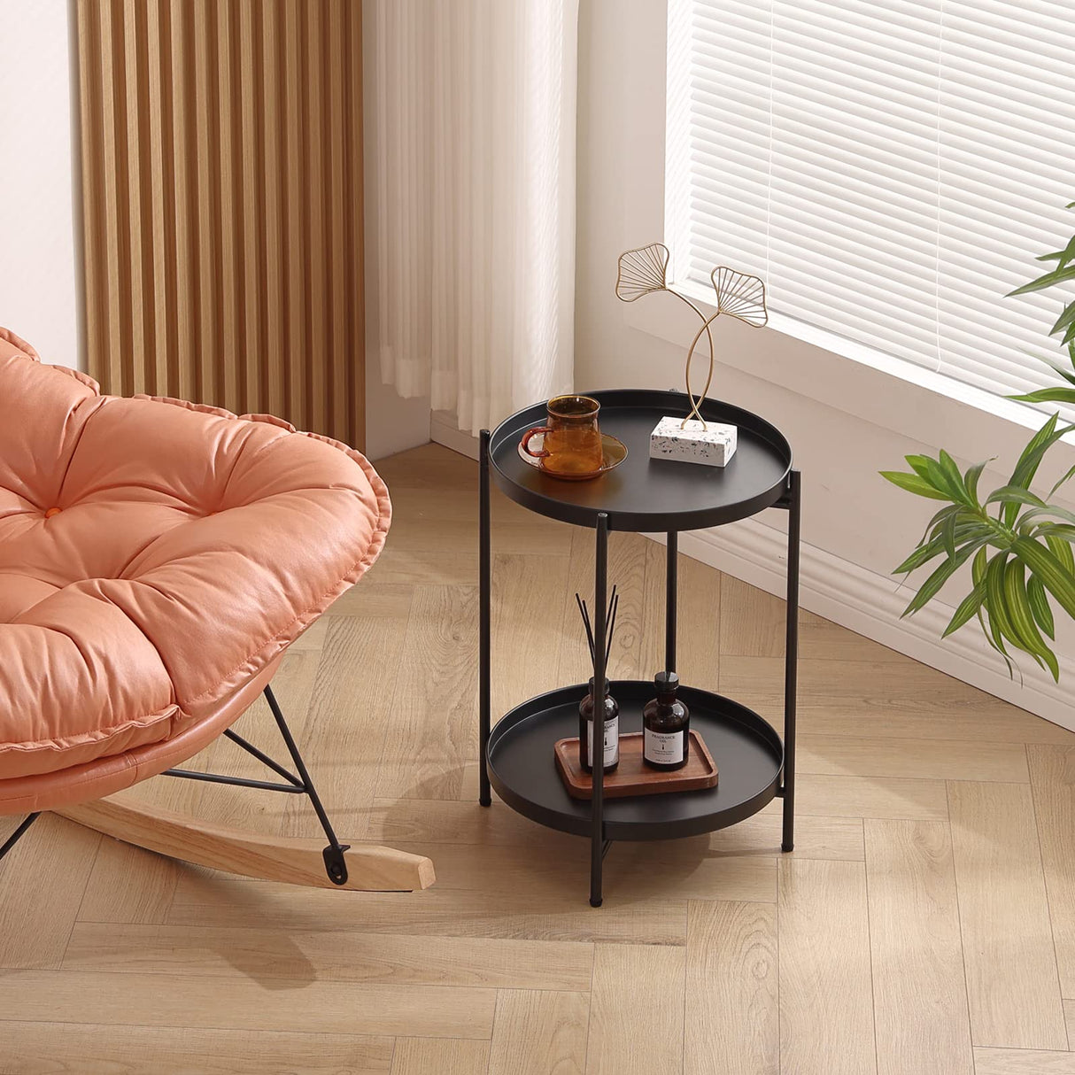 Tiita Round End Table Mental 2-Tier Side Table Nightstand/Small Iron Tables Accent Coffee Table for Living Room Bedroom Office Small Space