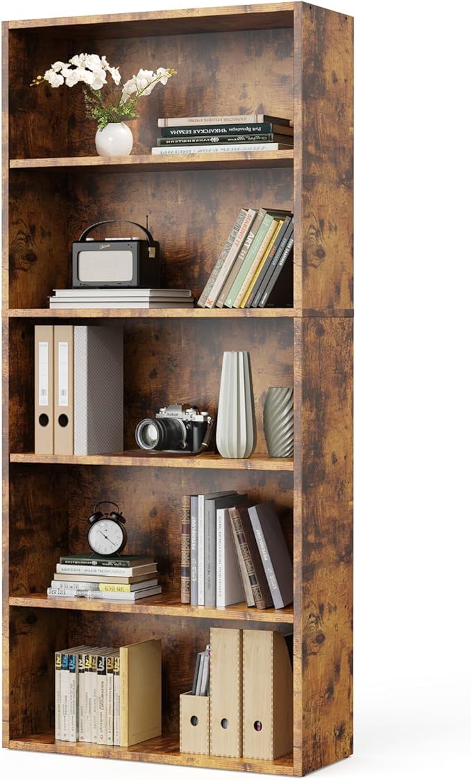 Industrial Bookshelf, 5-Tier Bookcase with Adjustable Storage Shelves