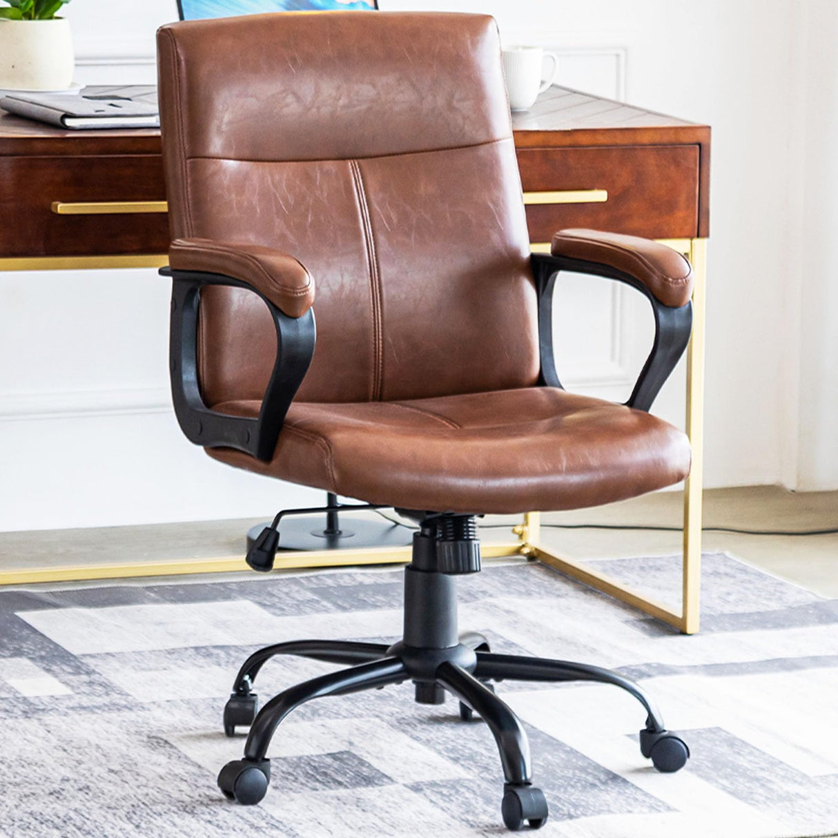 Brown Leather Ergonomic Office Chair - Mid Back with Armrests