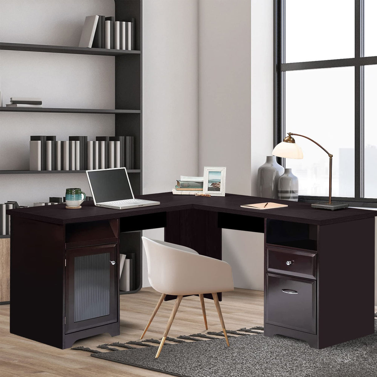 L-Shaped Desk, Home Office Corner Computer Desk with Storage Cabinet