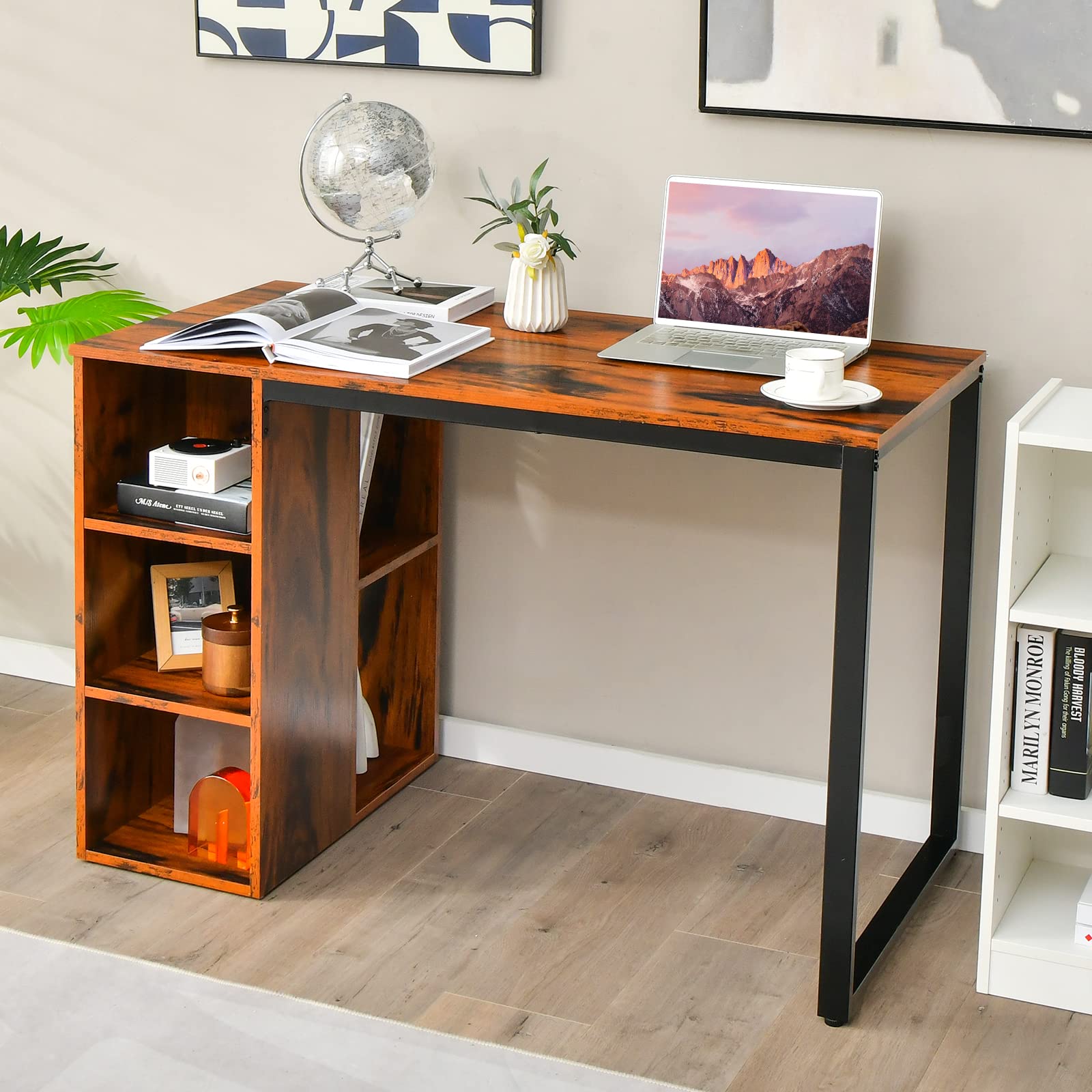 Computer Desk with Storage Shelves, Home Office Desk with 5 Side Shelves & Metal Frame