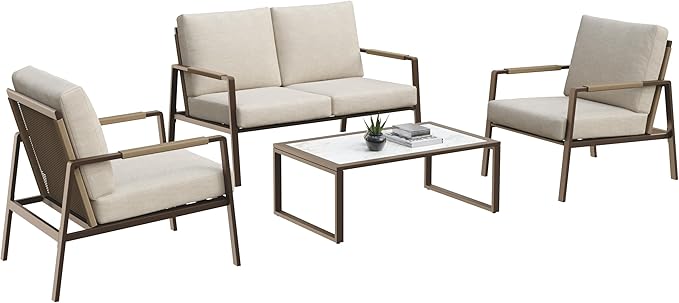 4-Piece Patio Conversation Set, Waterproof Outdoor Furniture Set with Thick Cushion