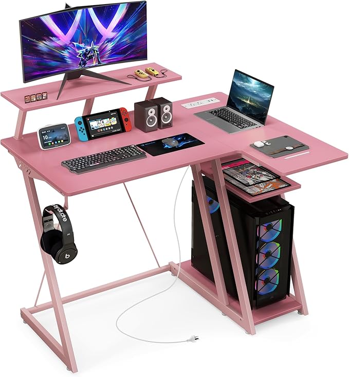 L Shaped Gaming Desk with Power Outlets, Small Gaming Computer Desk 39inch