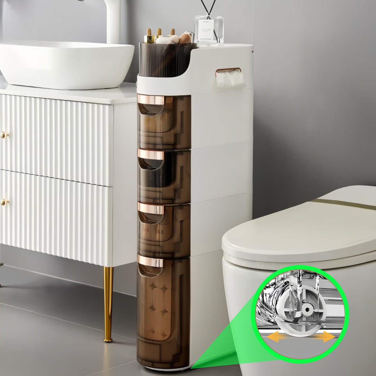 4-Tiers Slim Bathroom Storage Cabinet, Waterproof Narrow Storage Cabinet