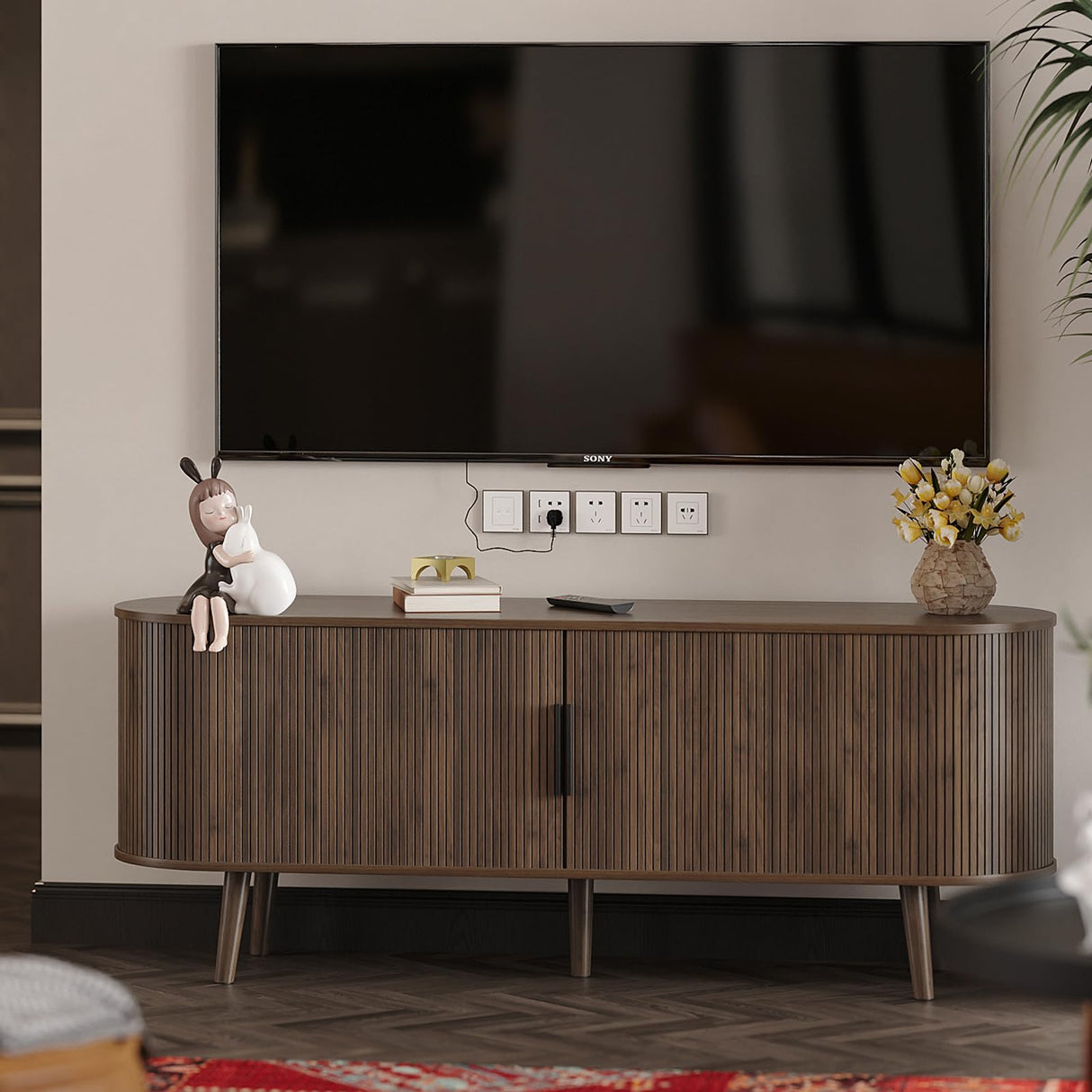 Fluted TV Stand Mid Century 59" TV and Media Console Table with Storage Shelf