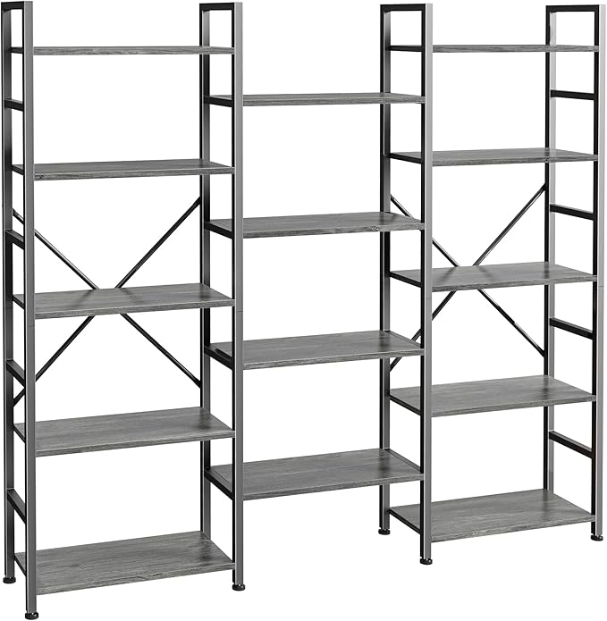Triple 4 Tier Bookshelf, Bookcase with 11 Open Display Shelves, Wide Book Shelf Book Case for Home & Office, Rustic Brown