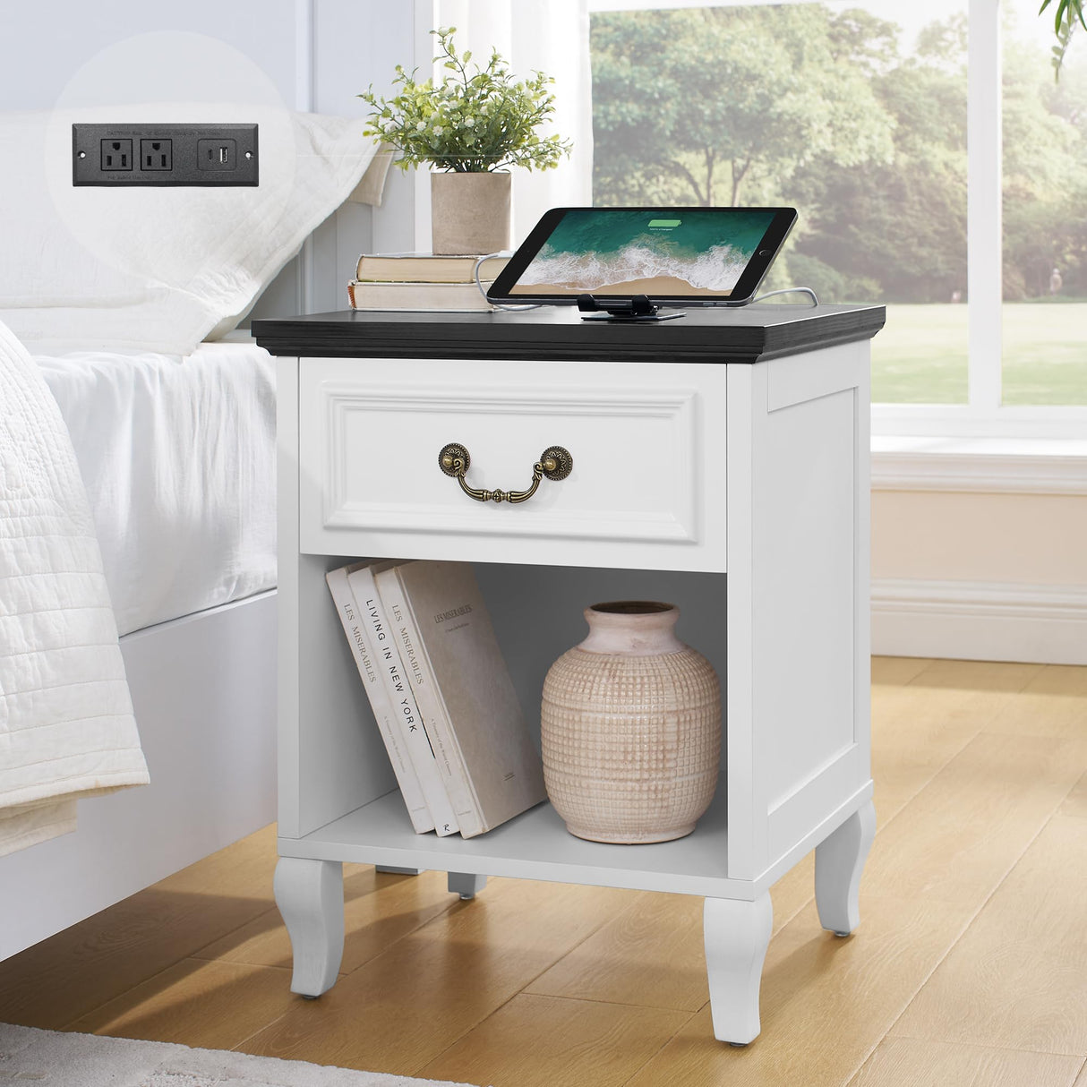 Farmhouse Nightstand with Charger Station, Night Stands with Drawer Storage White