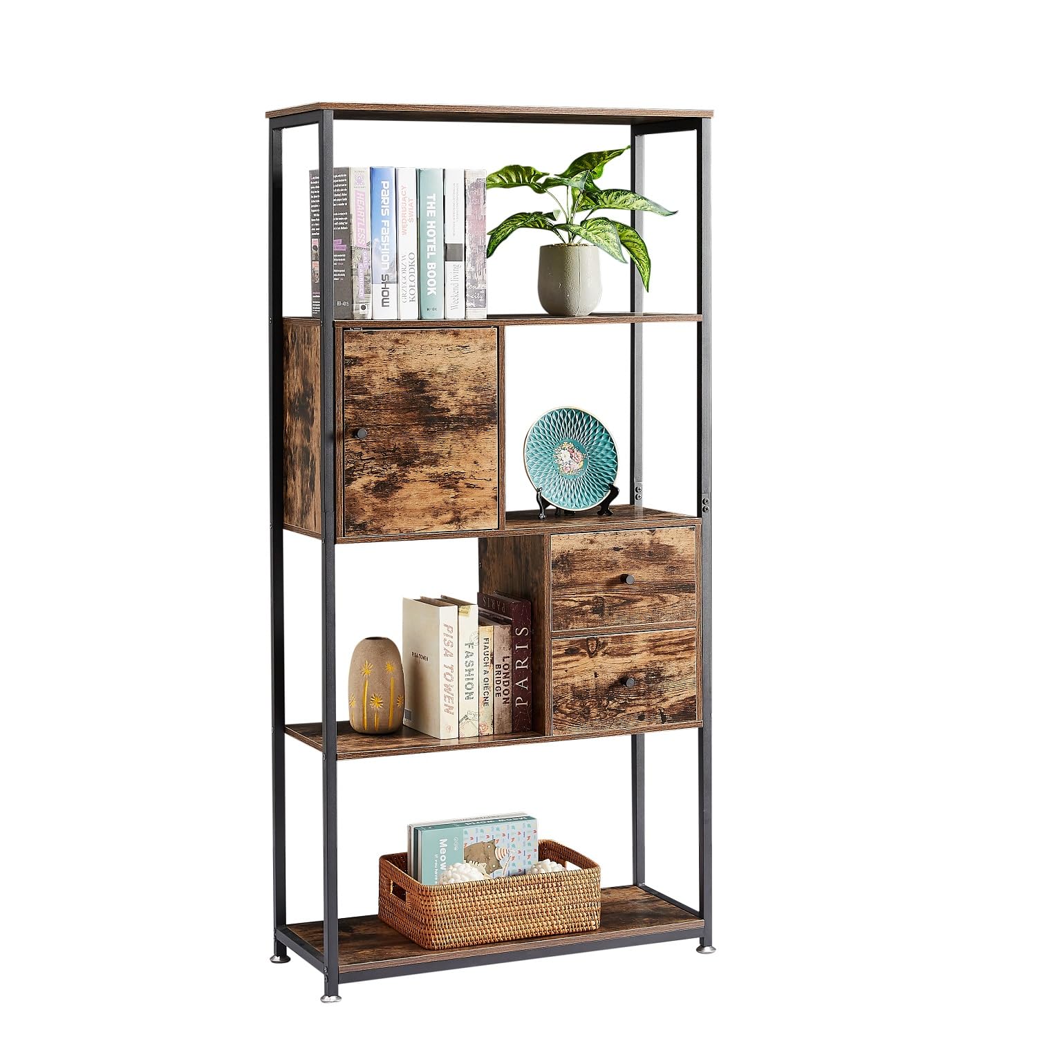 Bookshelf,4-Tier Book Shelves with 2 Storage Drawers and 1 Cabinet, Metal Frame Open BookcaseStanding Shelf Unit for Living Room, Home Office