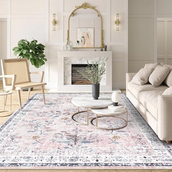 Machine Washable 5x7 Rug, Pink Rugs for Bedroom Girls, Soft Boho Floral Nursery Rug