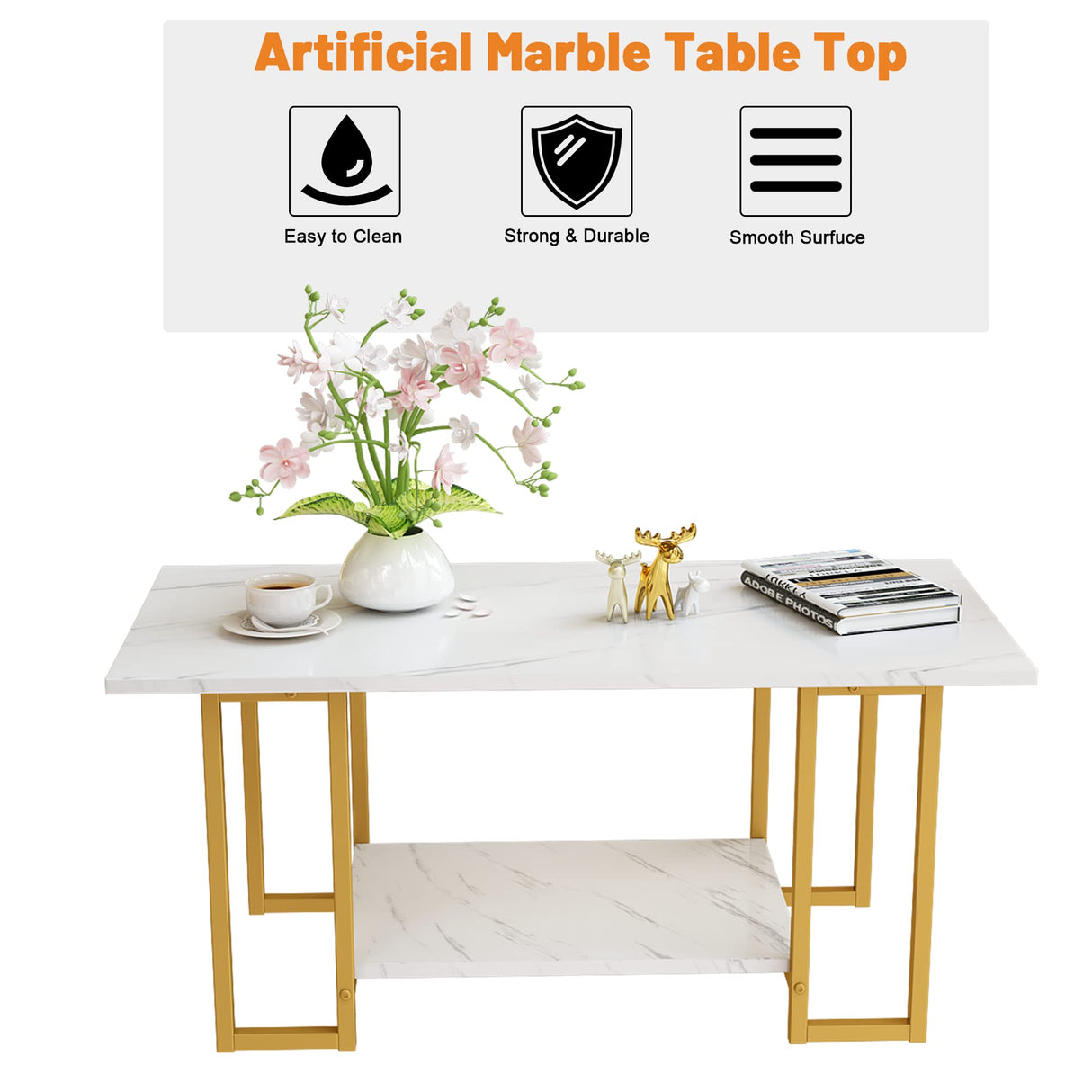 Coffee Table, Gold Base for Living Room-Faux Marble Rectangle Tabletop