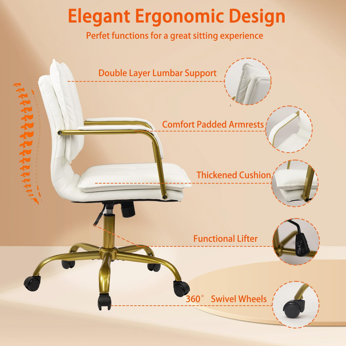 Adjustable Leather Office Chair with Gold Legs