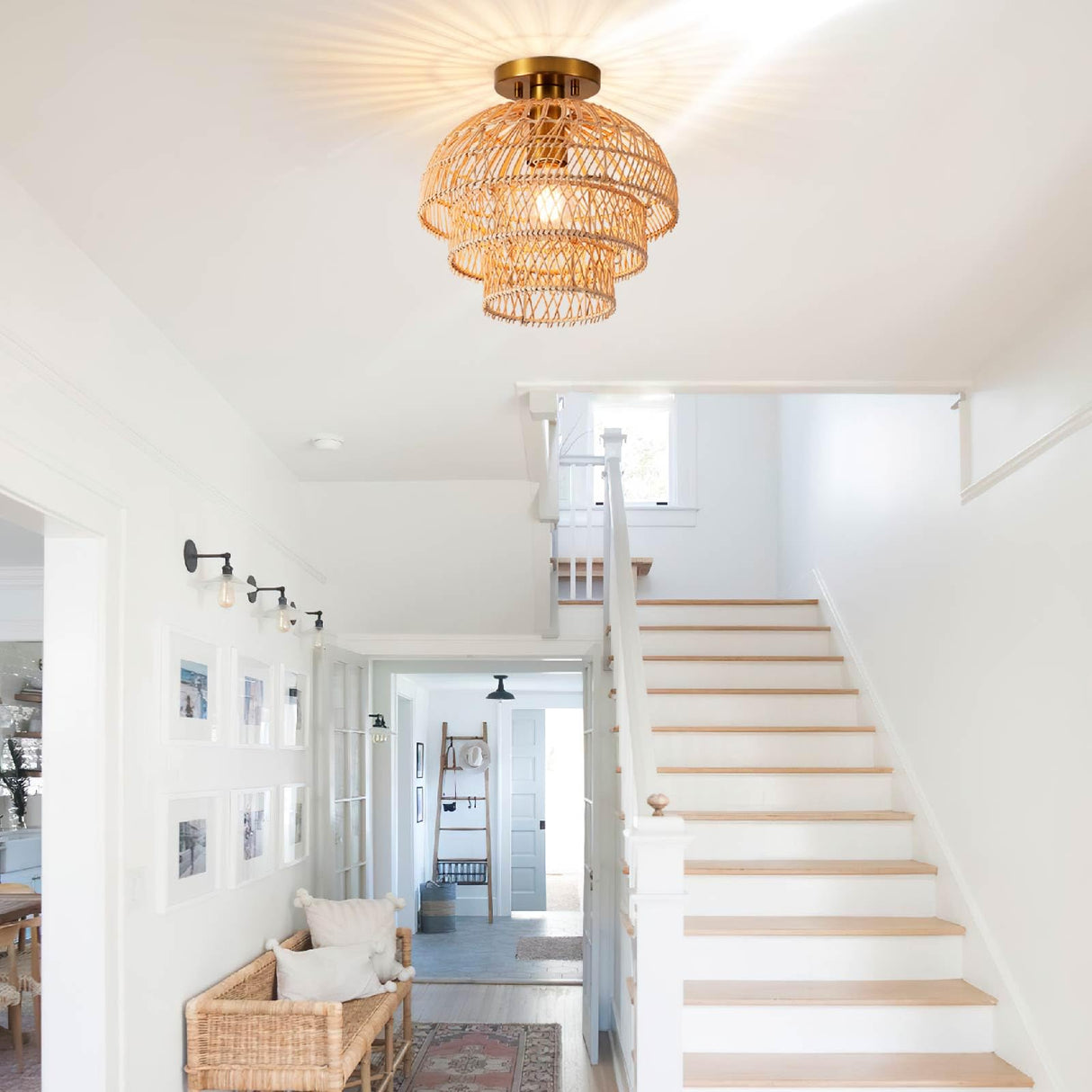 12'' Rattan Ceiling Light Fixtures Boho Chandelier Rattan Semi Flush Mount Ceiling Light