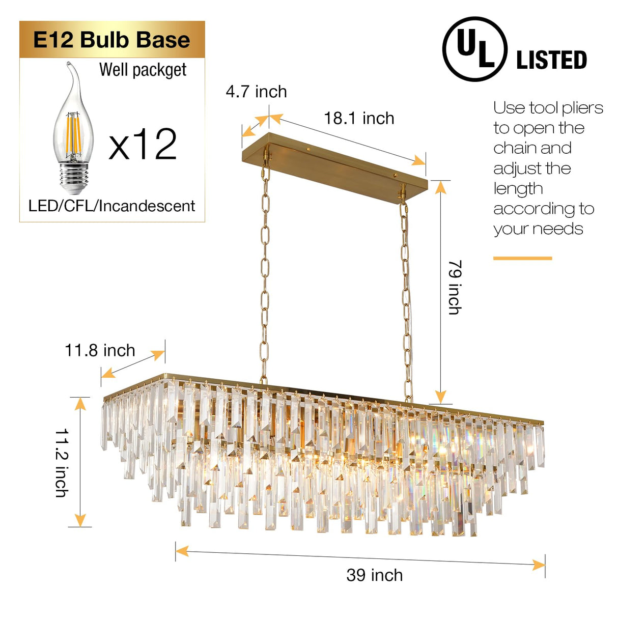 39" Modern Rectangle Crystal Chandelier, Gold Linear Pendant Light with Clear Crystal Prisms, Luxury Island Lighting Fixture for Dining Room Kitchen Table Living Room