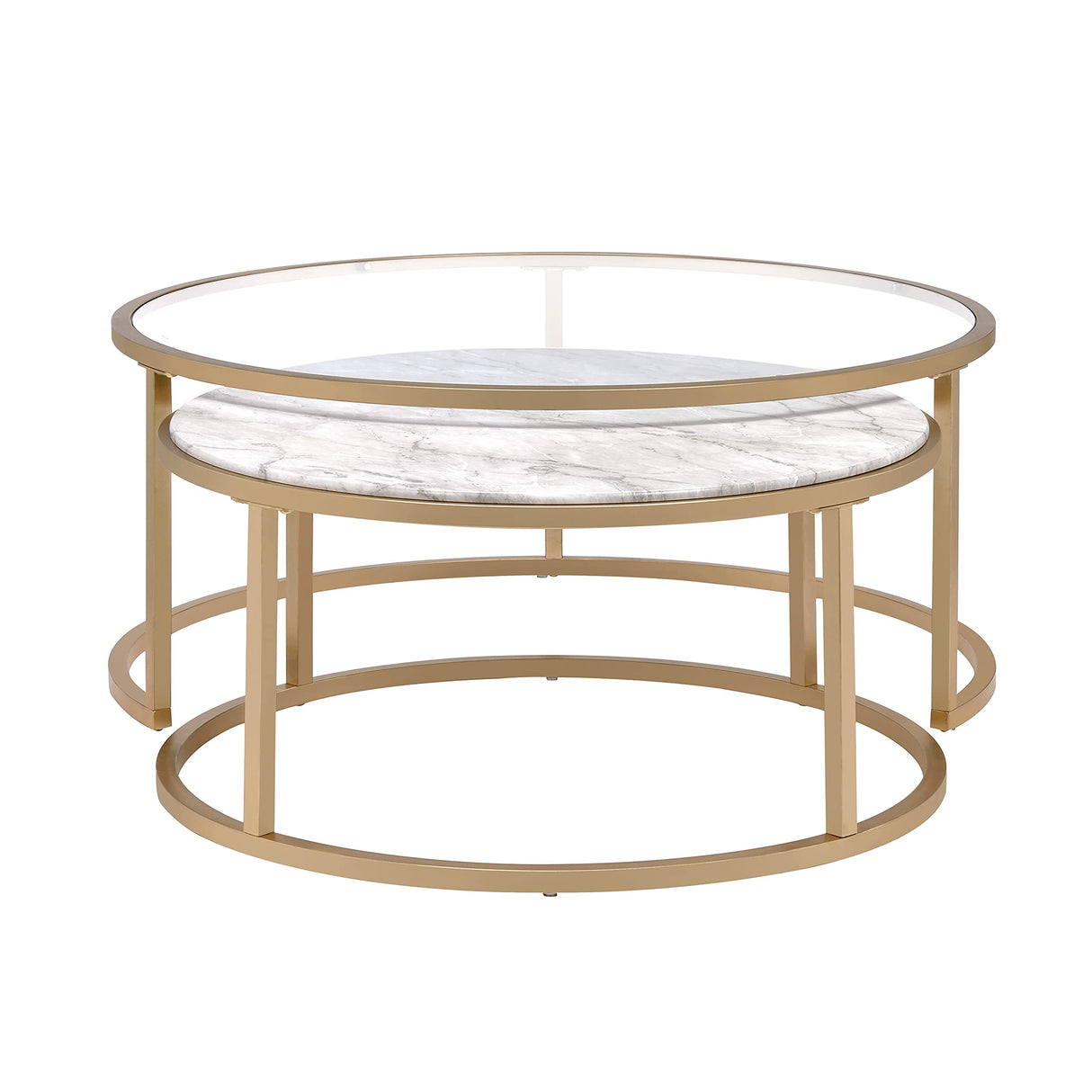 HABITRIO Coffee Table Set, 2 Pc Metal Tube Frame with Glass Top and Faux Marble Top Nesting Sofa Side Table, Fit for Living Room, Office