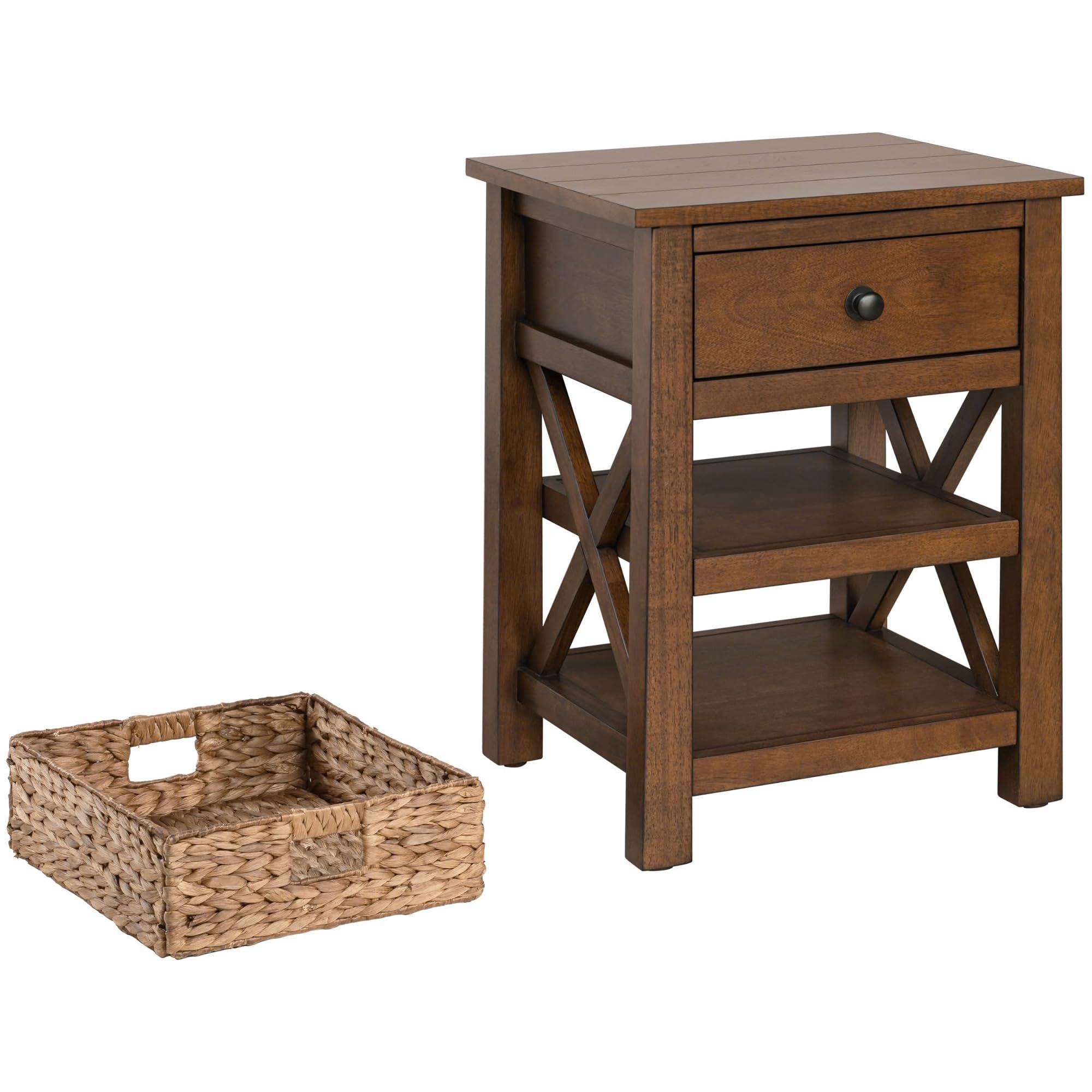 X-Side Nightstand End Table Side Table with Drawer, 2 Storage Shelves and Wicker Basket