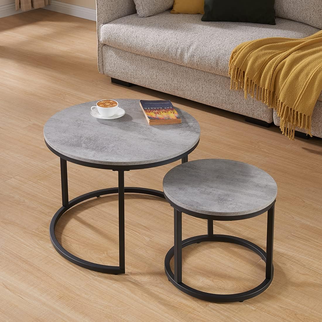 23.6-Inch Concrete Round Nesting Coffee Table for Living Room, Modern Industrial Style