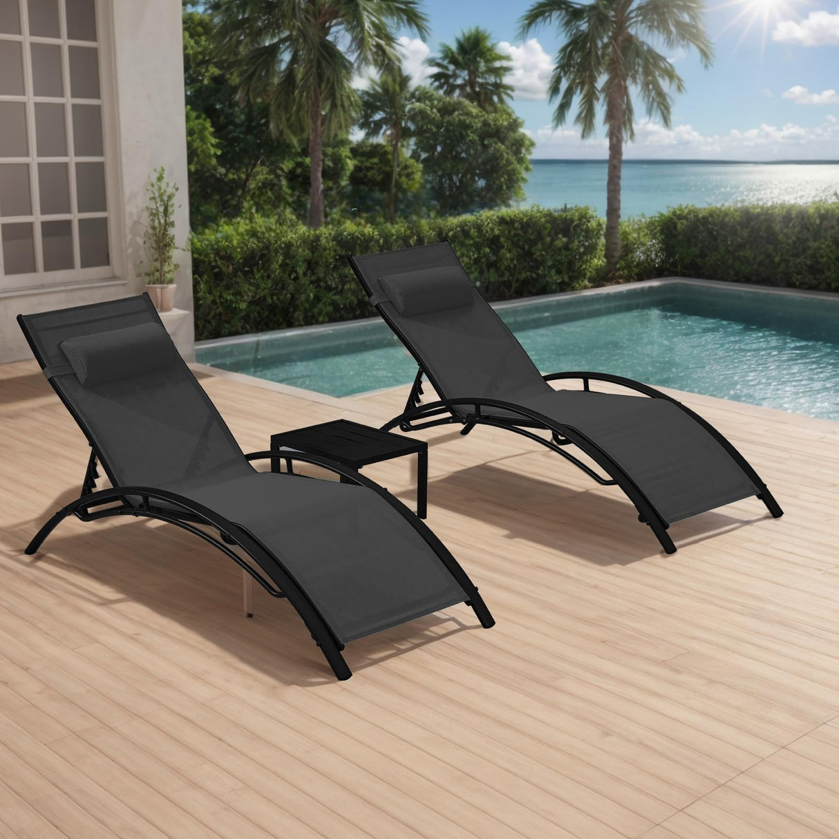 3, Pool Lounge Chairs with Pillow, Side Table & 5-Position Adjustable Backrest, Sunbathing