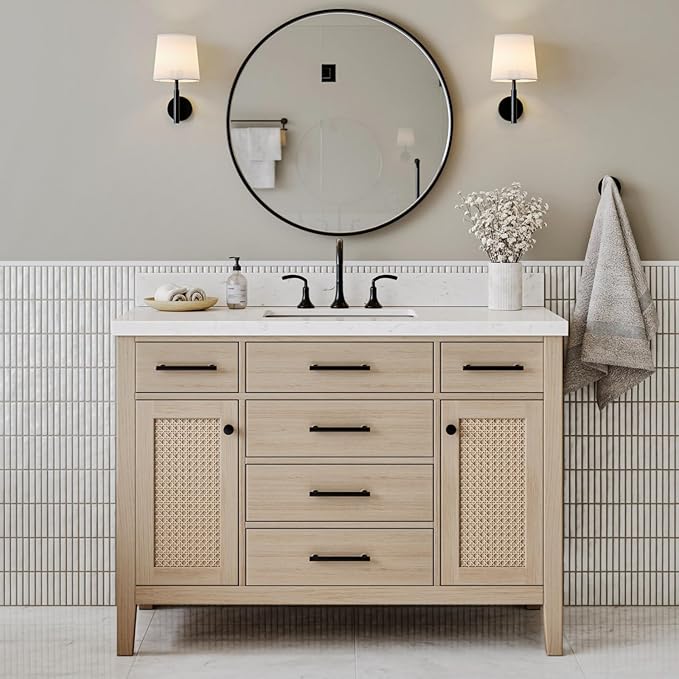 Ariel White Oak Bathroom Vanity – 48" to 72" with Quartz Top & Sink