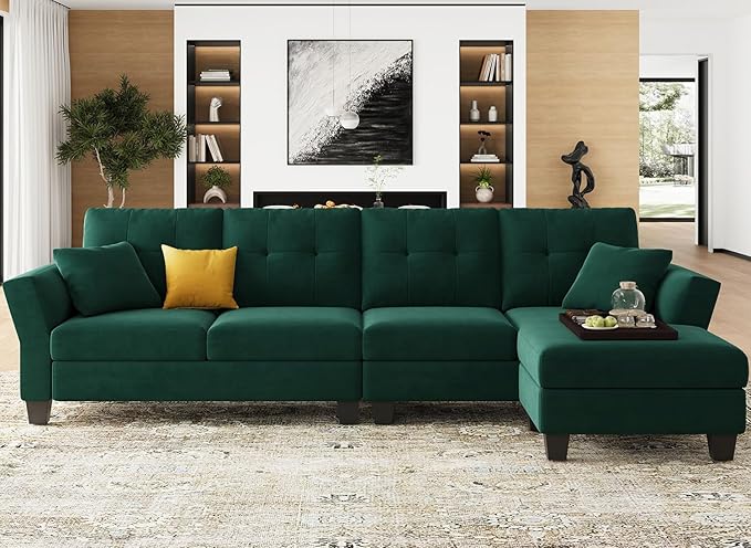 Convertible Sectional Couch Velvet L Shaped Sofa 4 Seat Sofa
